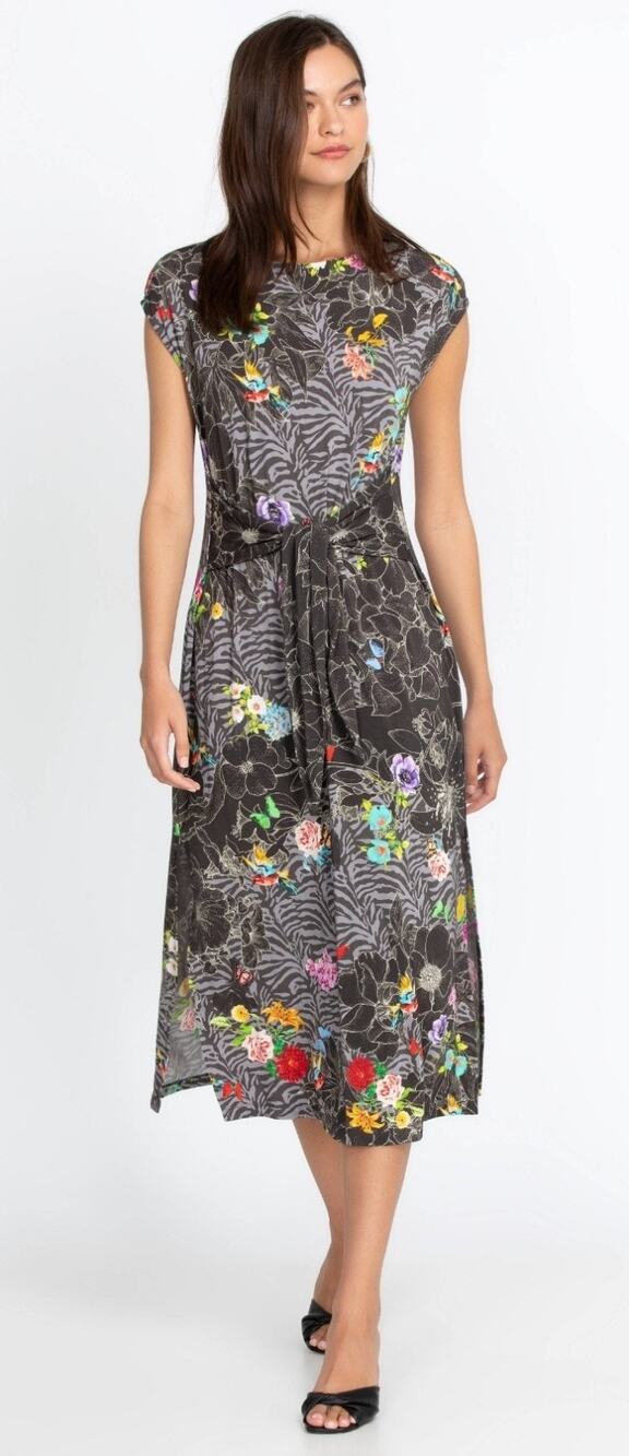 JOHNNY WAS Zippy Tie Front Midi Dress Boho Knit Floral Birds Resort Wear | L EUC